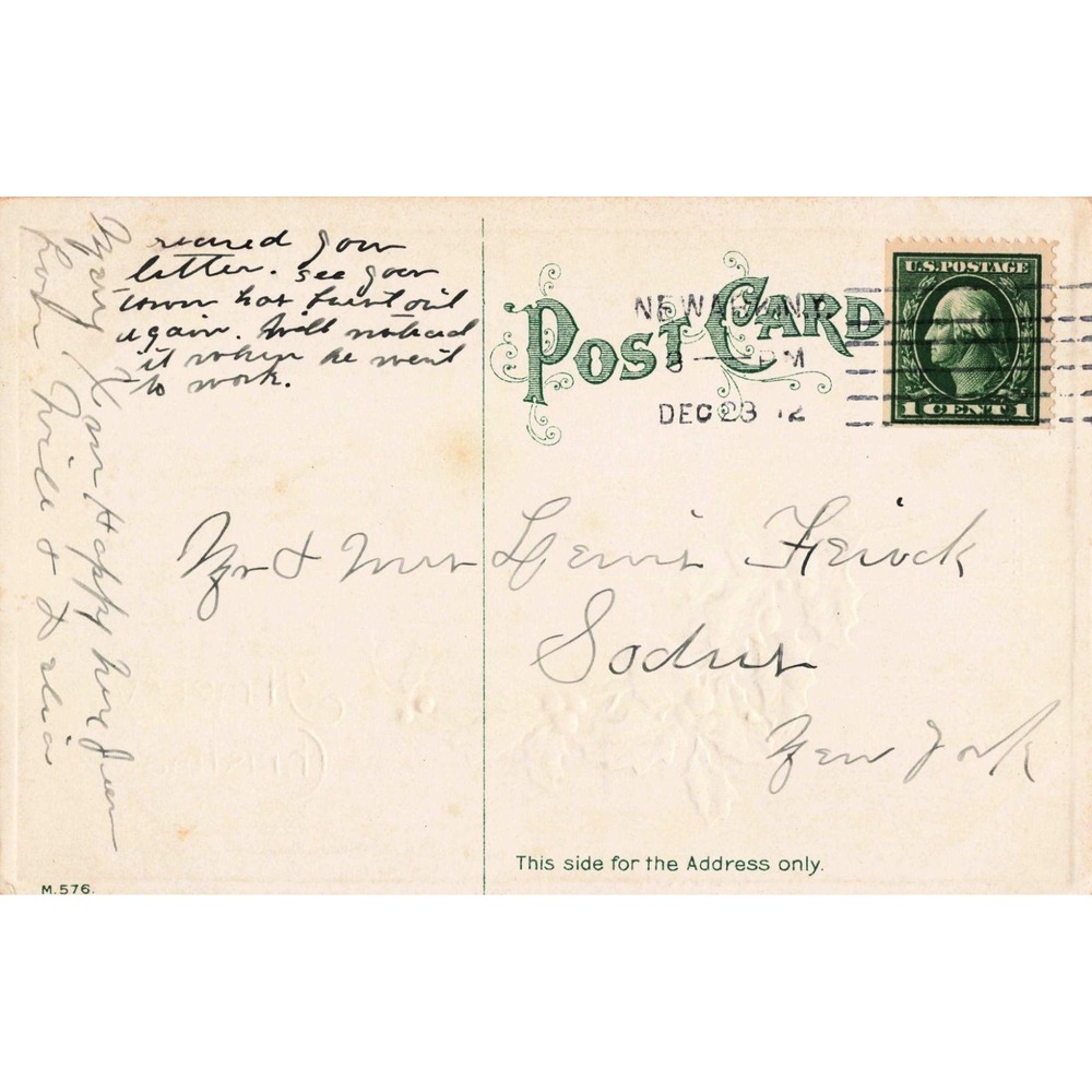 Antique Christmas Postcard 1912 Snowy Winter Farmhouse Holly Embossed Posted VG - Picture 2 of 2